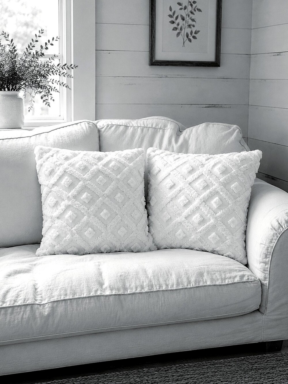 Textured Fluffy Geometric Patterned Snow White Pillow Covers Set of 2 NWT